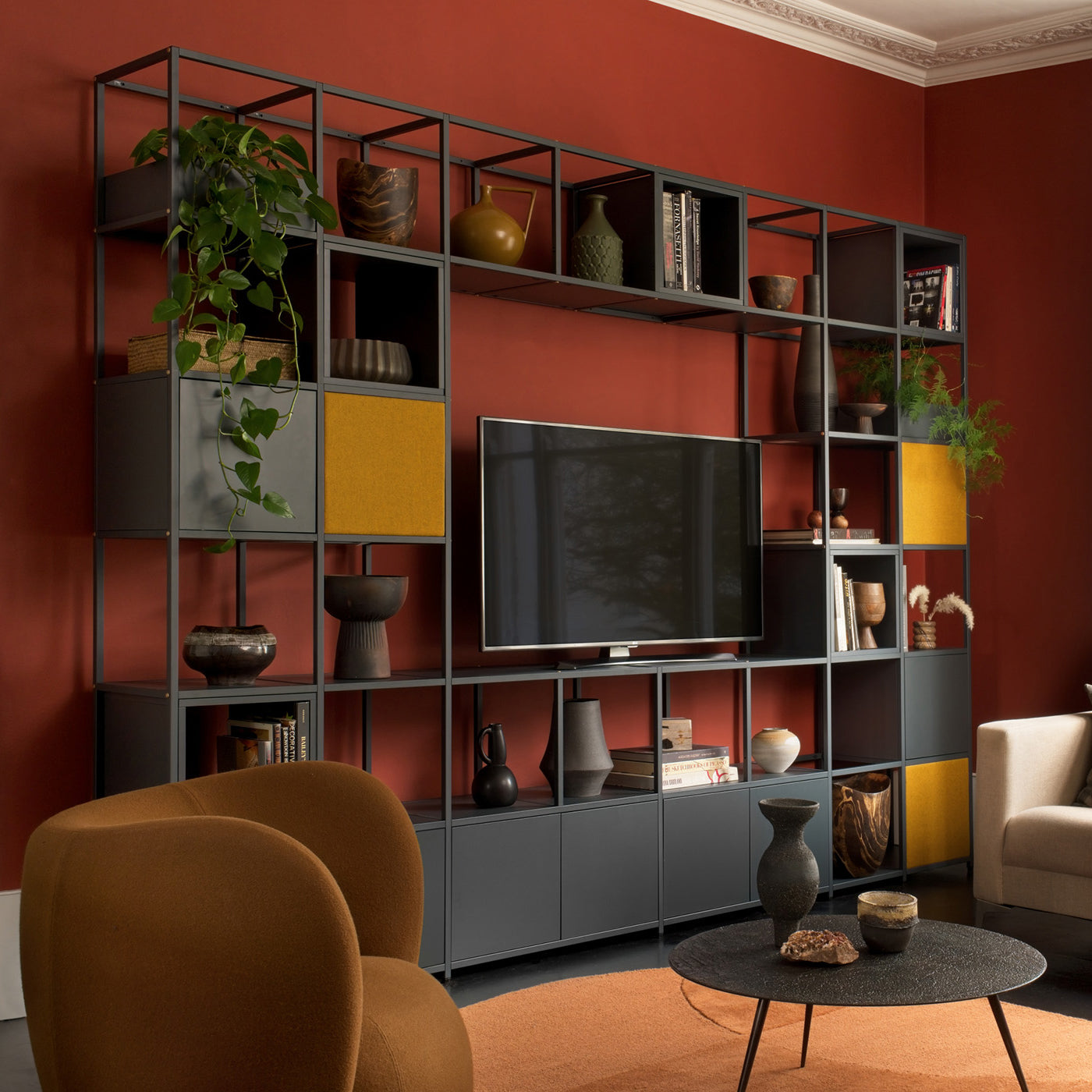 Shelved modular TV unit with anthracite frame and oak panels