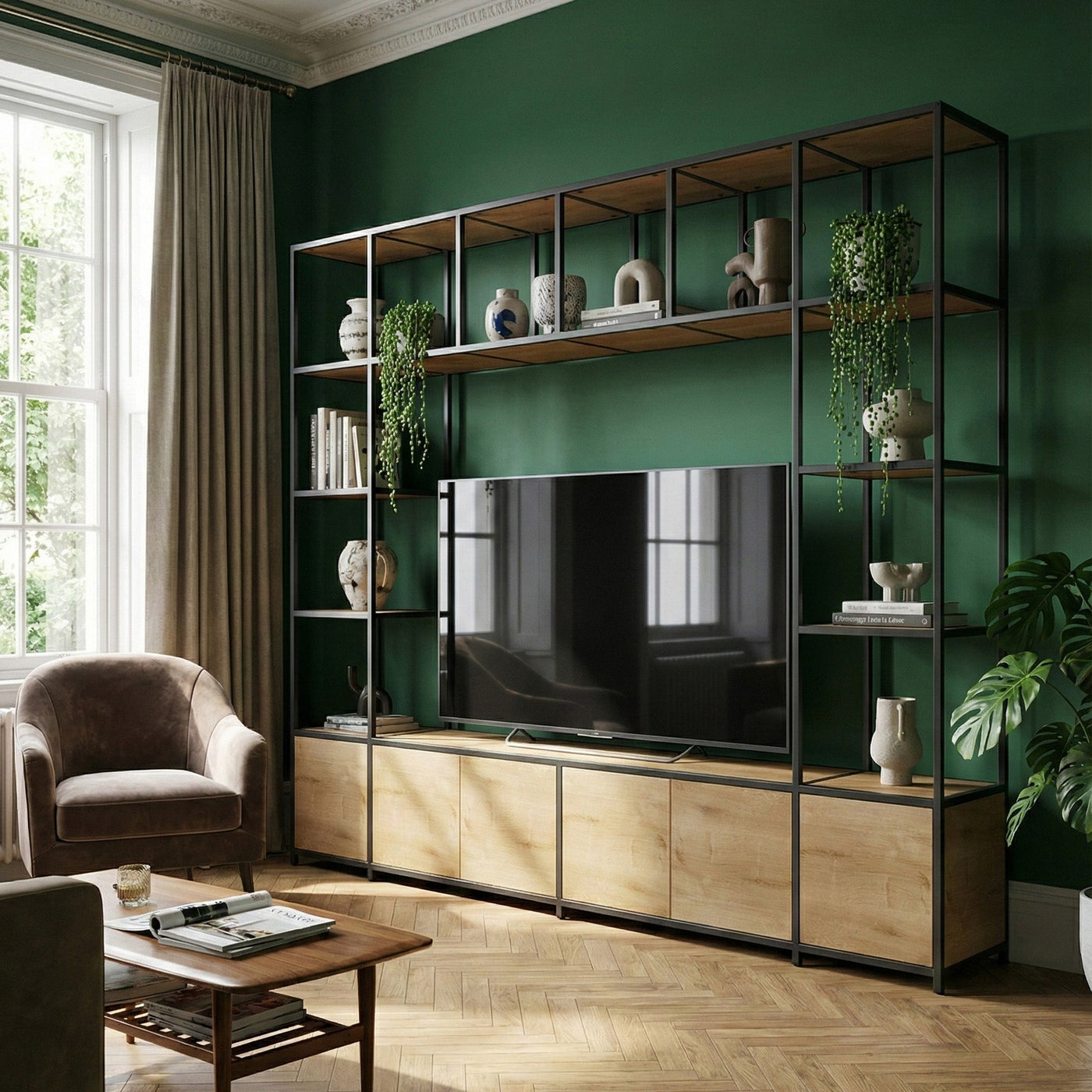Shelved modular TV unit with anthracite frame and oak panels