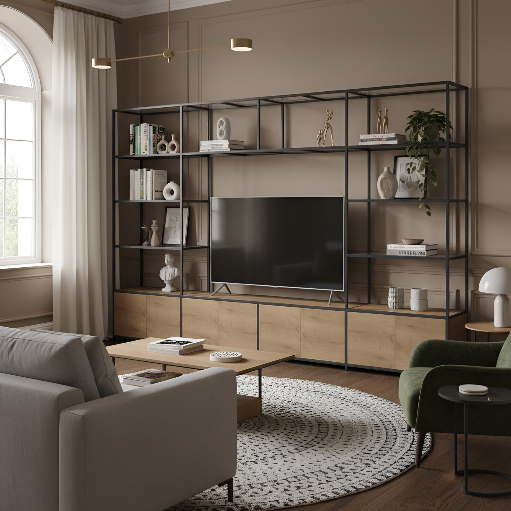 Shelved modular TV unit with anthracite frame and oak panels