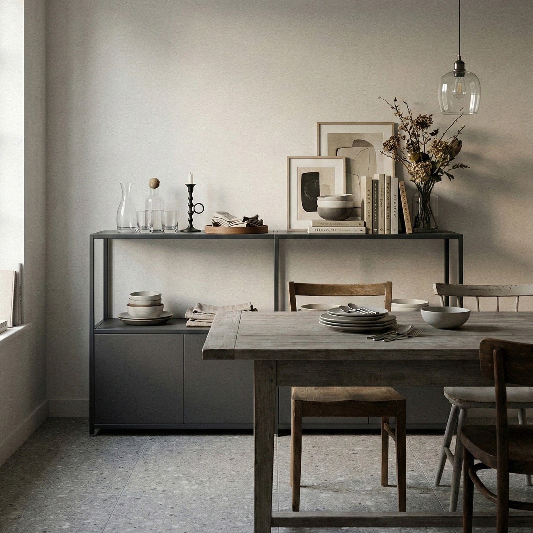 Shelved modular sideboard with white frame and white panels