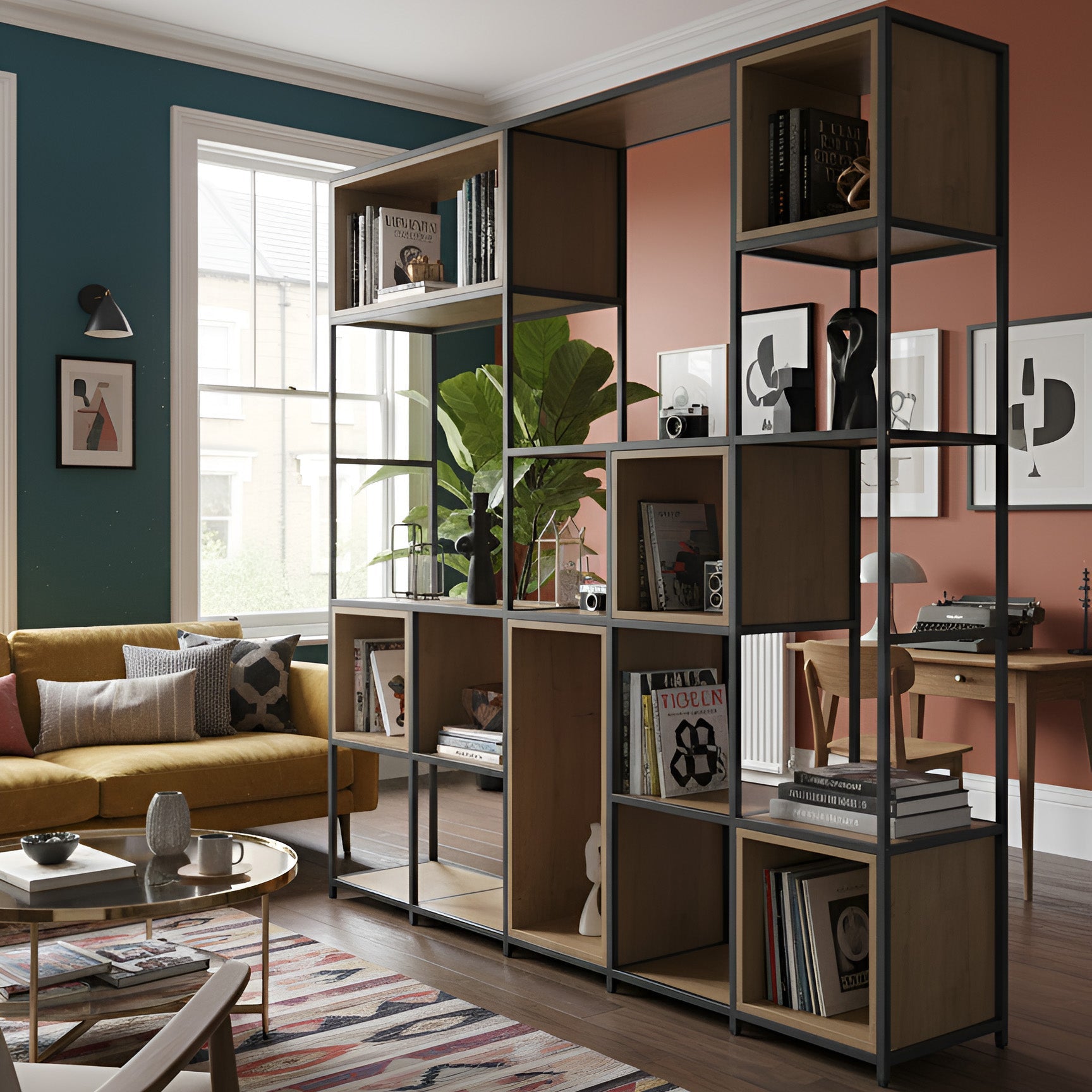 White room divider unit with shelving