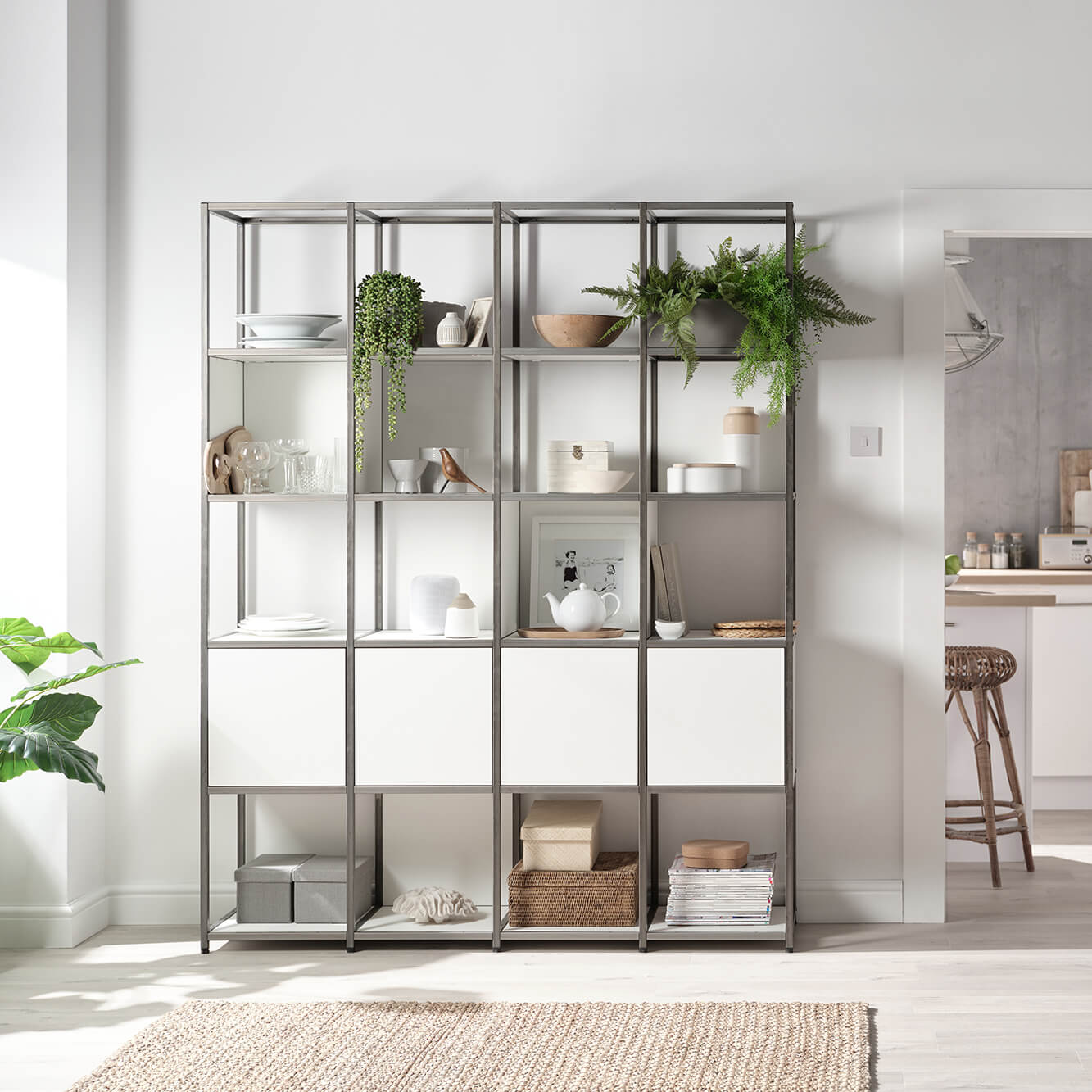 Shelved modular shelf unit with clear coat frame and white panels