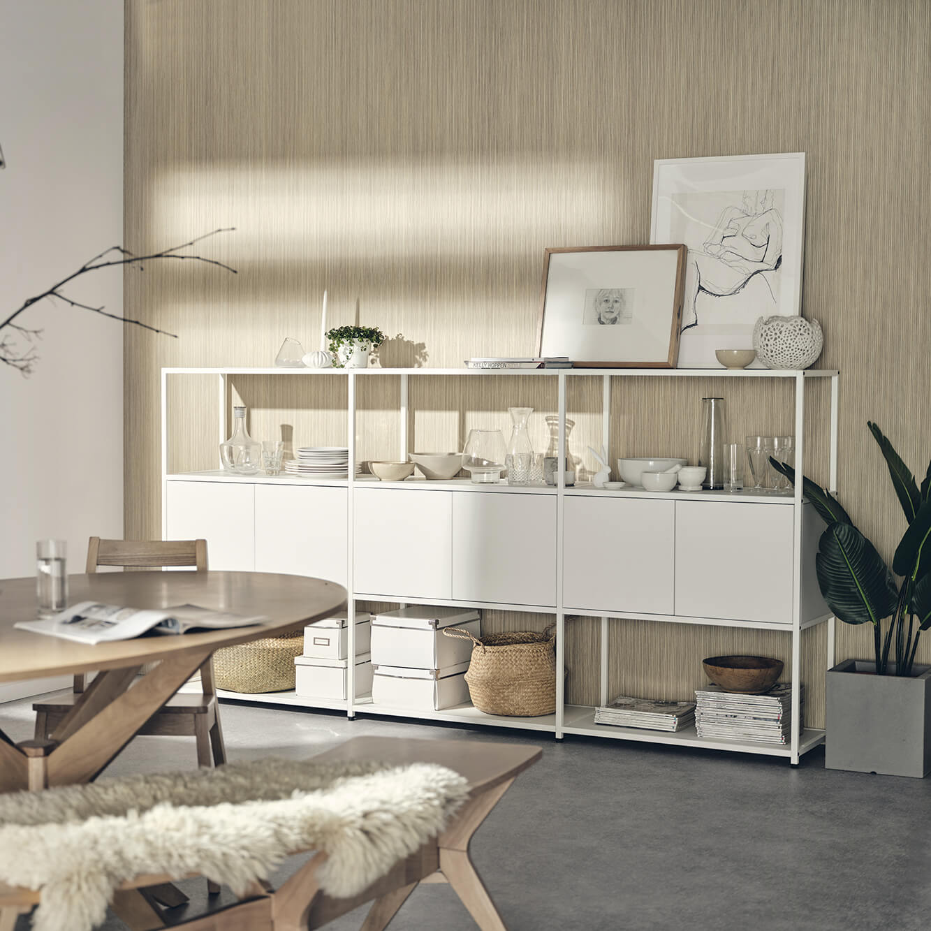 Shelved modular sideboard with white frame and white panels