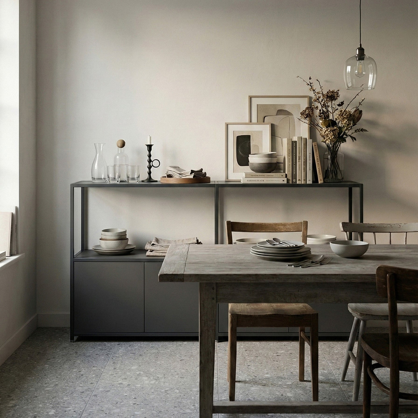 Shelved modular sideboard with white frame and white panels