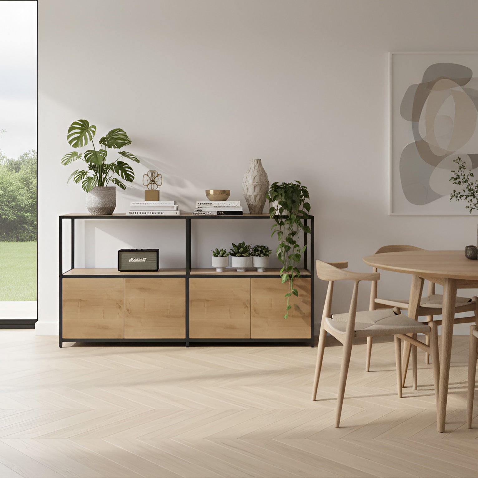 Shelved modular sideboard with white frame and white panels