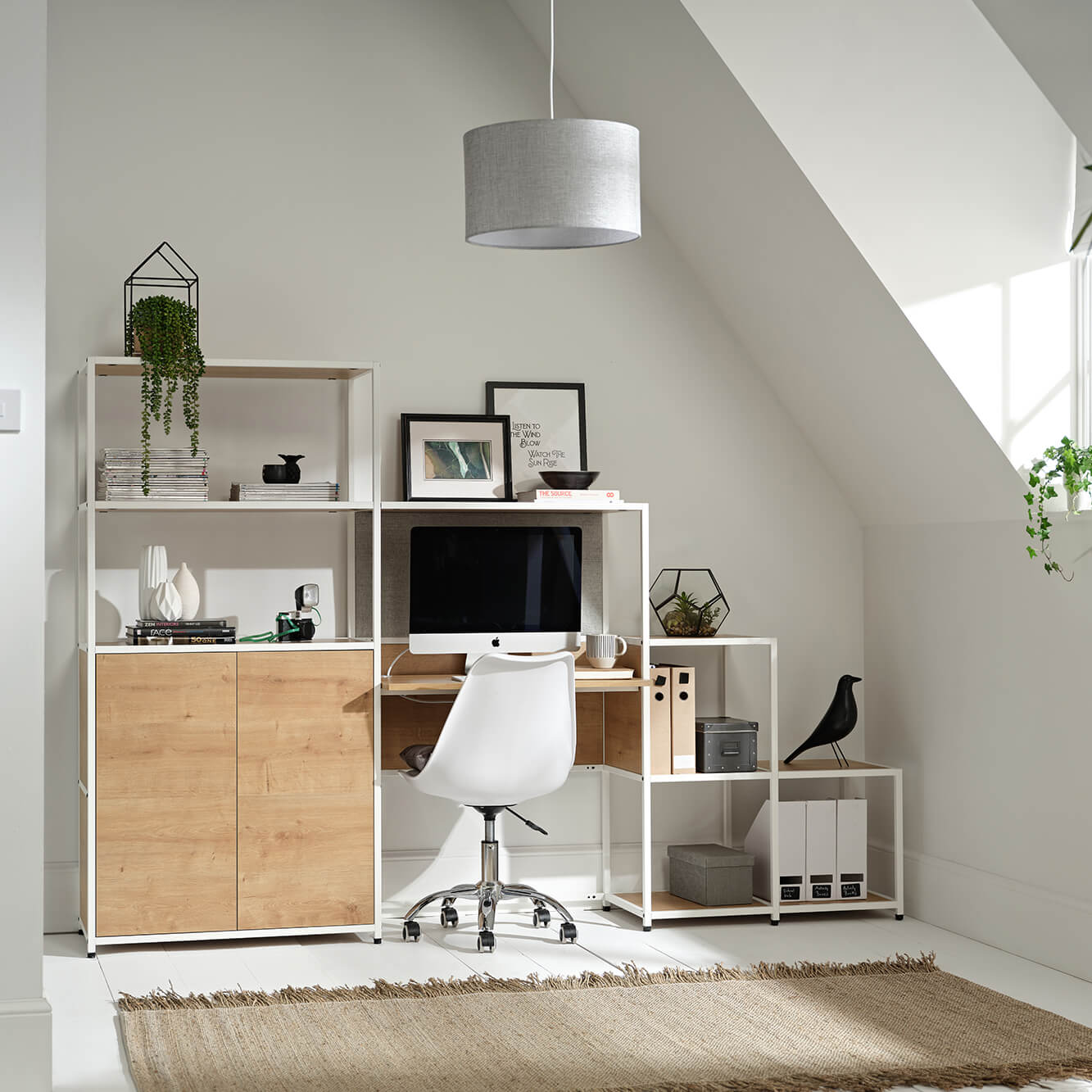 Shelved modular desk and storage with white frame and oak panels