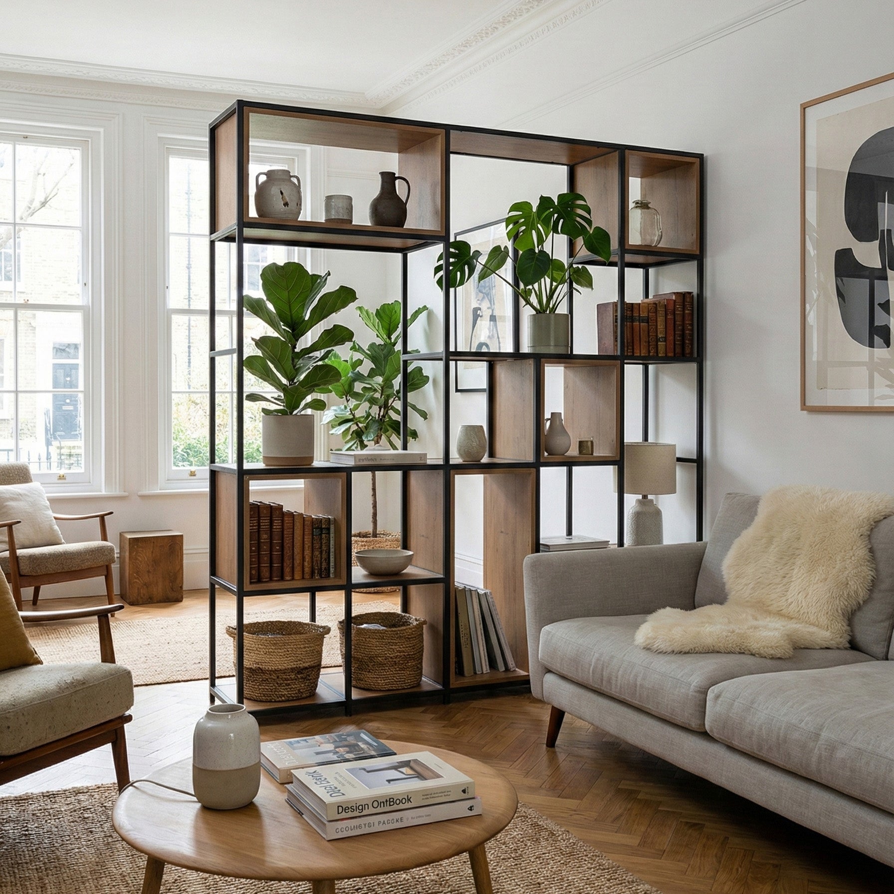 White room divider unit with shelving