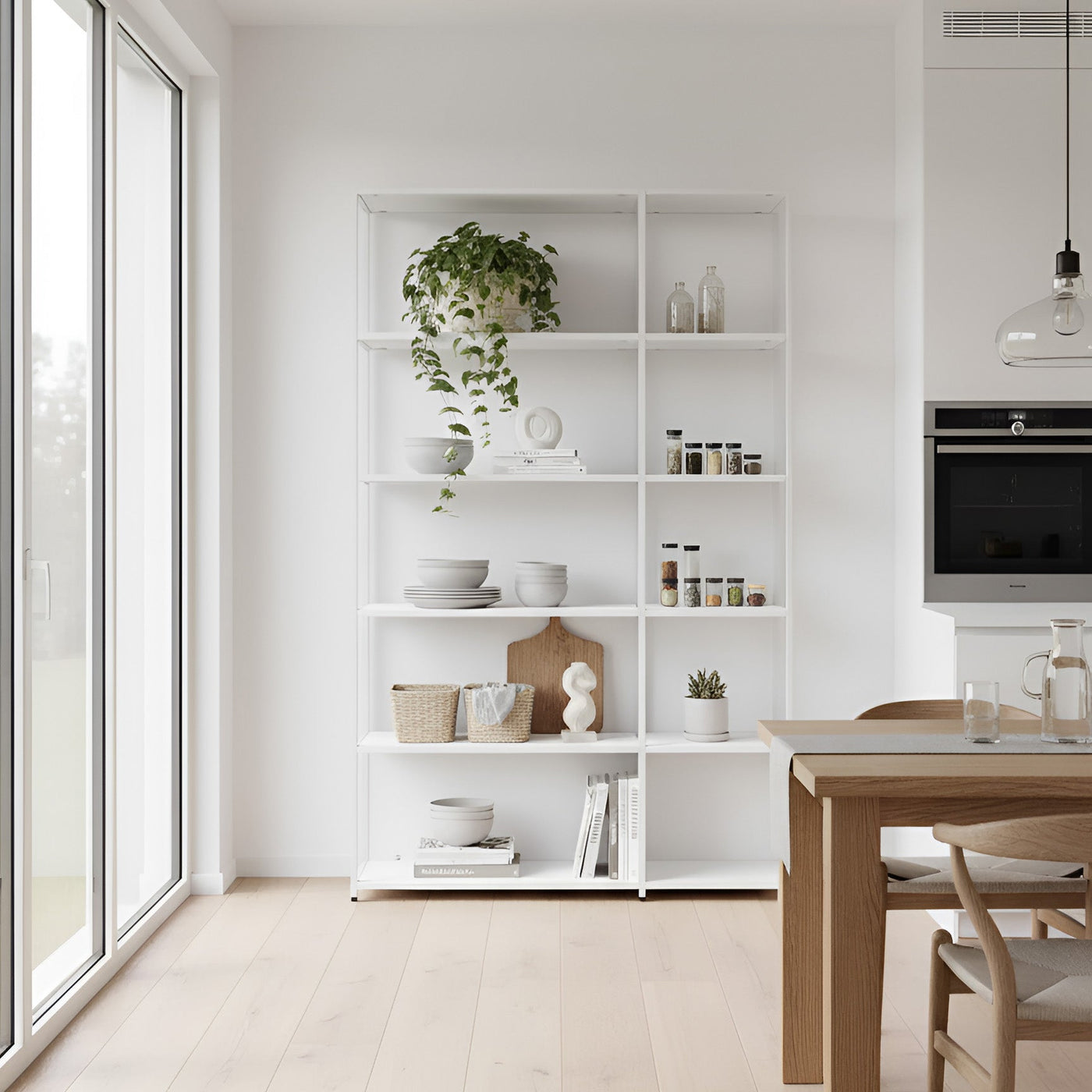 Shelved modular shelf unit with clear coat frame and white panels