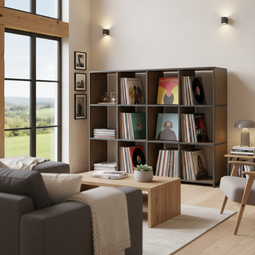 Shelved modular vinyl storage unit with clear coat frame and white panels